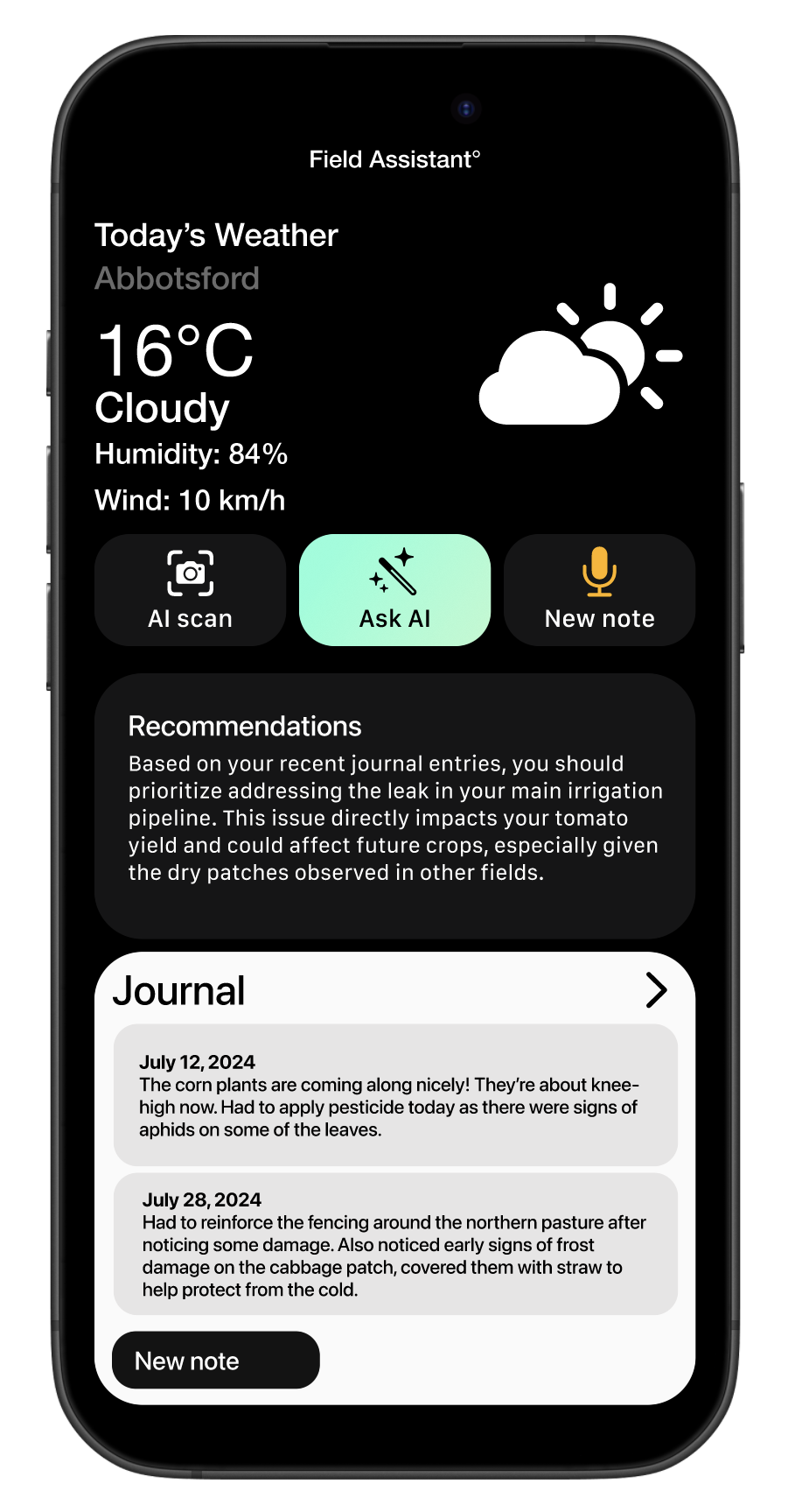 Field Assistant farm journal interface